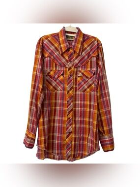 vintage 1960s Tem-Tex Western Sportswear shirt red yellow plaid pearl snap Large